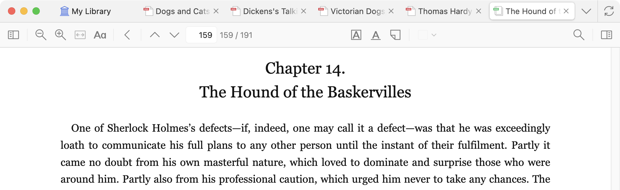 An EPUB of The Hound of the Baskervilles opened in a tab in the Zotero reader