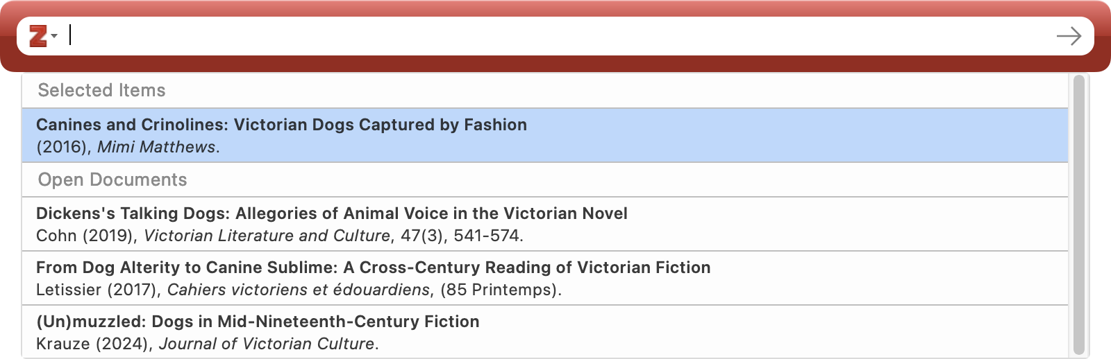 A screenshot of the Zotero citation dialog showing 'Selected Items' and 'Open Documents' sections in the search results, with 'Canines and Crinolines: Victorian Dogs Captured by Fashion' pre-selected